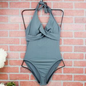 Talbots Gray One Piece Swimsuit Halter Tie Back V-Neck Ruched Bust Size 6